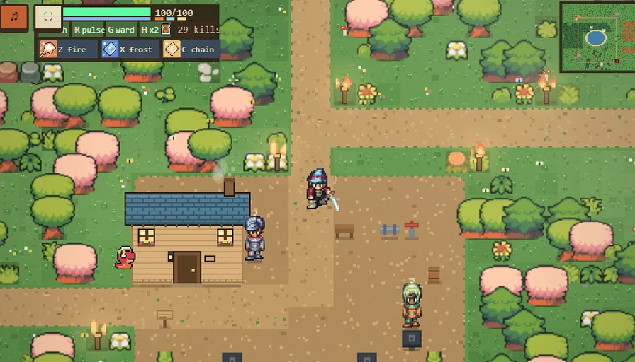 Red Cell: the Yard under cherry blossoms, sword drawn outside the cabin, spell HUD and minimap visible