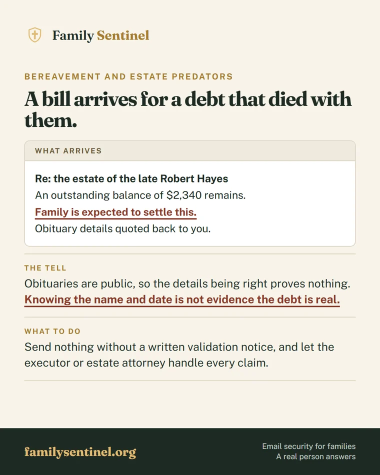 Pin explaining bereavement and estate scams that target recently widowed people with fake debts