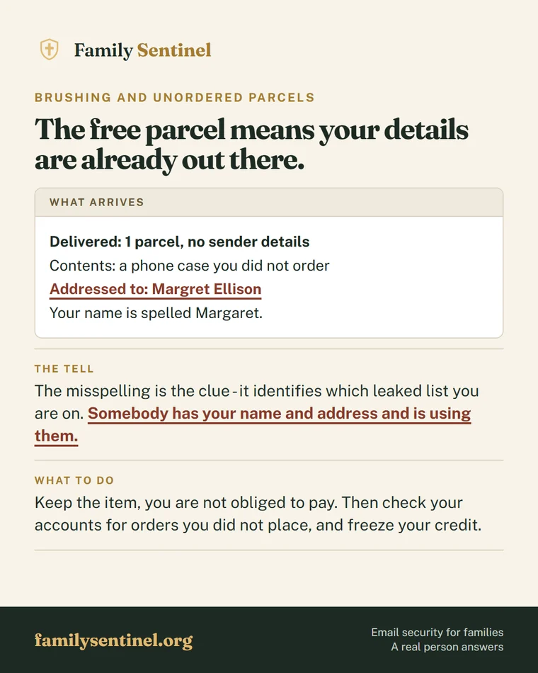Pin showing an unordered parcel addressed to a misspelled name as evidence of a data leak