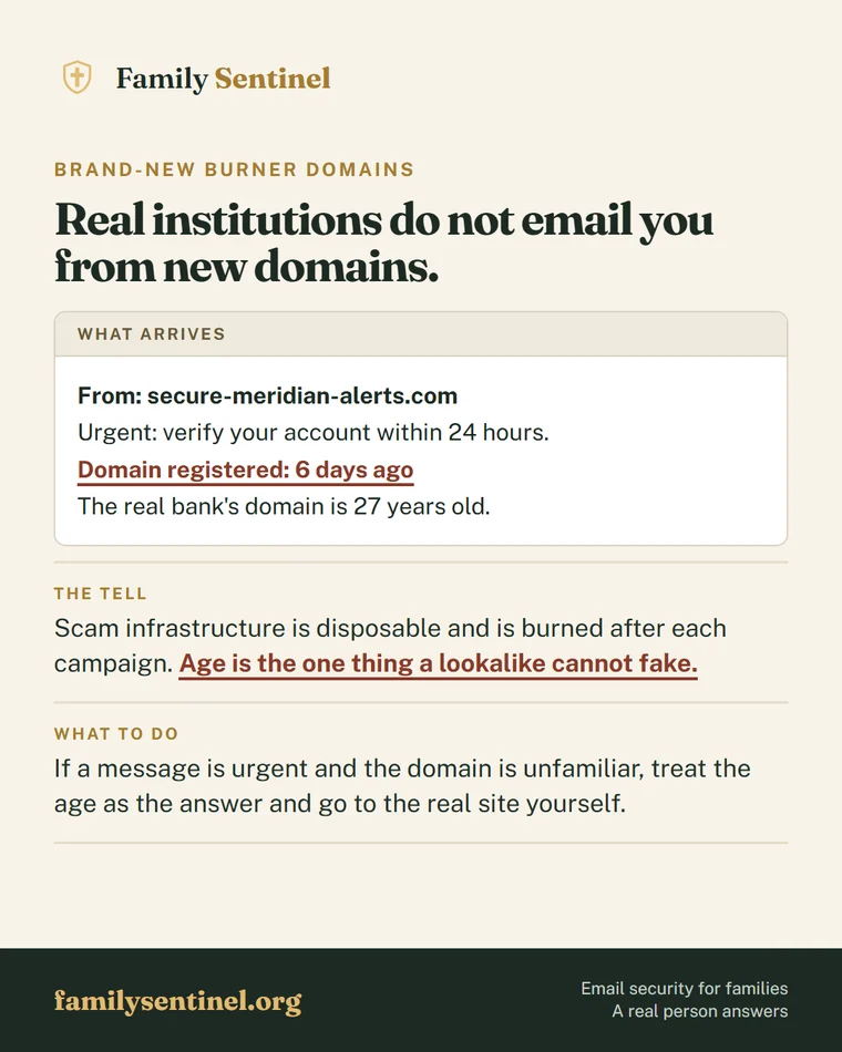 Pin showing a phishing email sent from a domain registered six days earlier