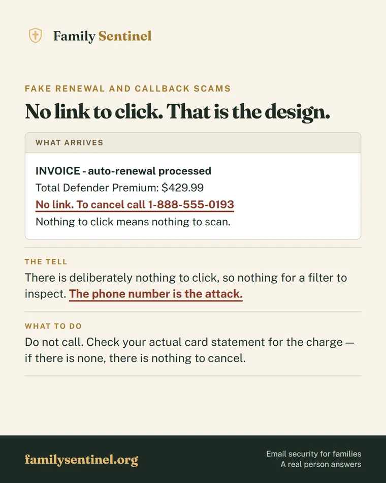 Pin explaining fake antivirus renewal callback scams where the phone number is the attack