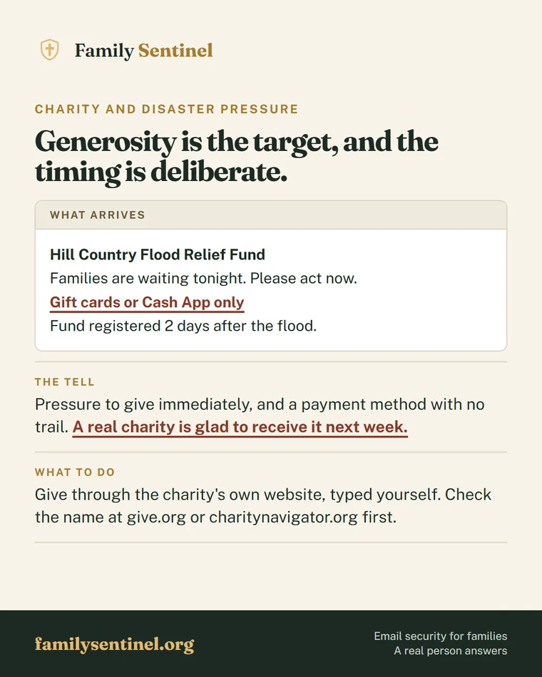 Pin showing a fake disaster relief appeal asking for gift cards days after the event