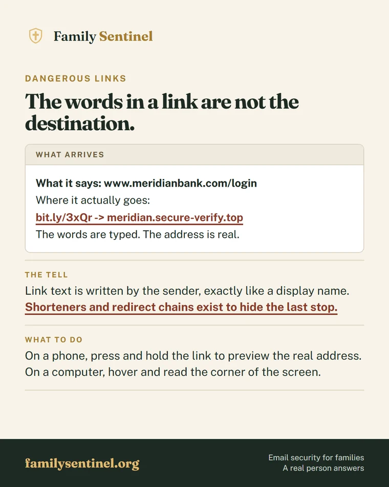 Pin showing link text that reads as a bank while the real address is a shortener leading to a lookalike domain