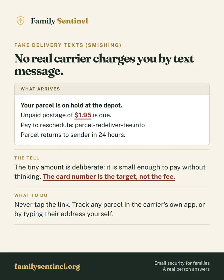 Pin showing a fake delivery fee text and why the small amount is deliberate