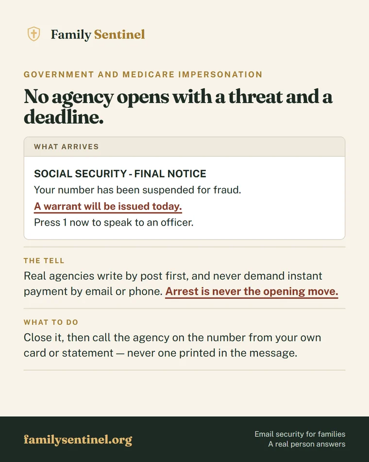 Pin explaining fake IRS, Social Security and Medicare impersonation scams and how to verify them safely