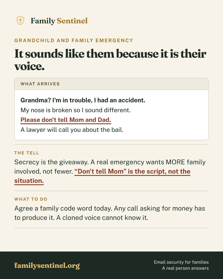 Pin explaining the grandchild emergency scam with AI voice cloning and the family code word defence