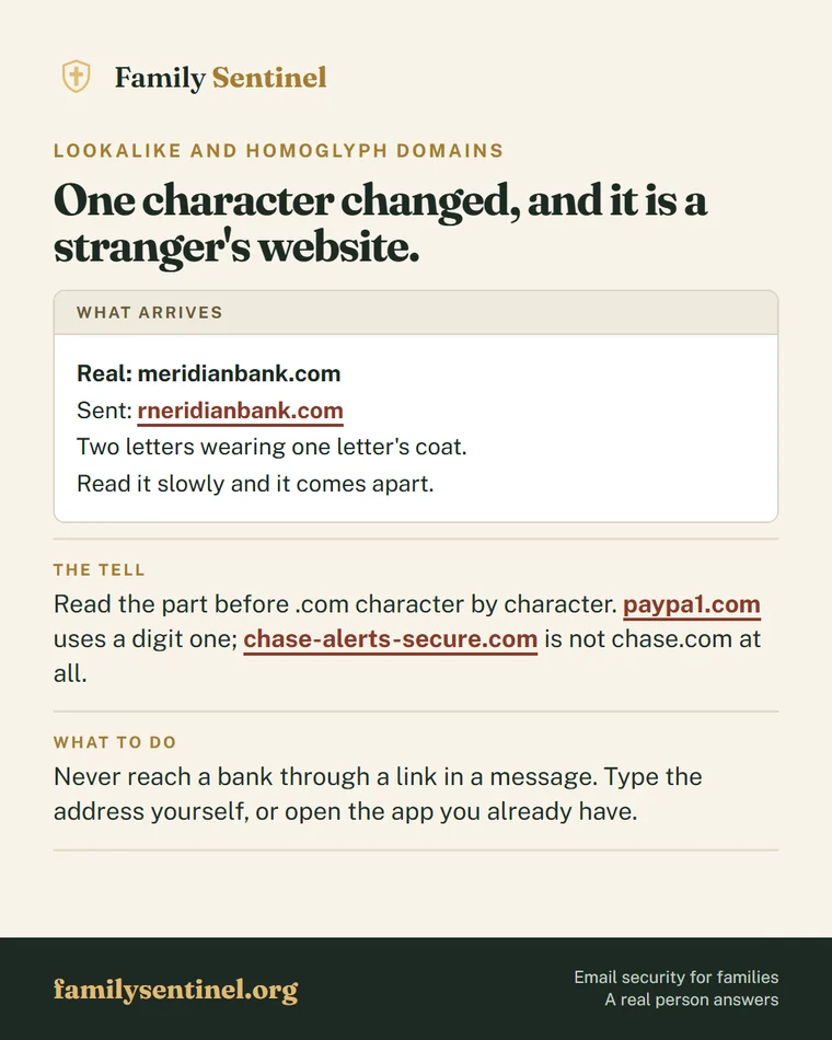 Pin explaining lookalike and homoglyph scam domains such as paypa1.com and chase-alerts-secure.com