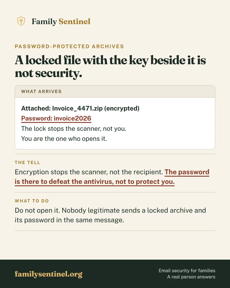 Pin explaining why a password-protected ZIP attachment with the password in the email is malware