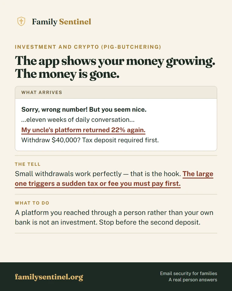 Pin explaining pig-butchering crypto investment scams and the withdrawal fee tell