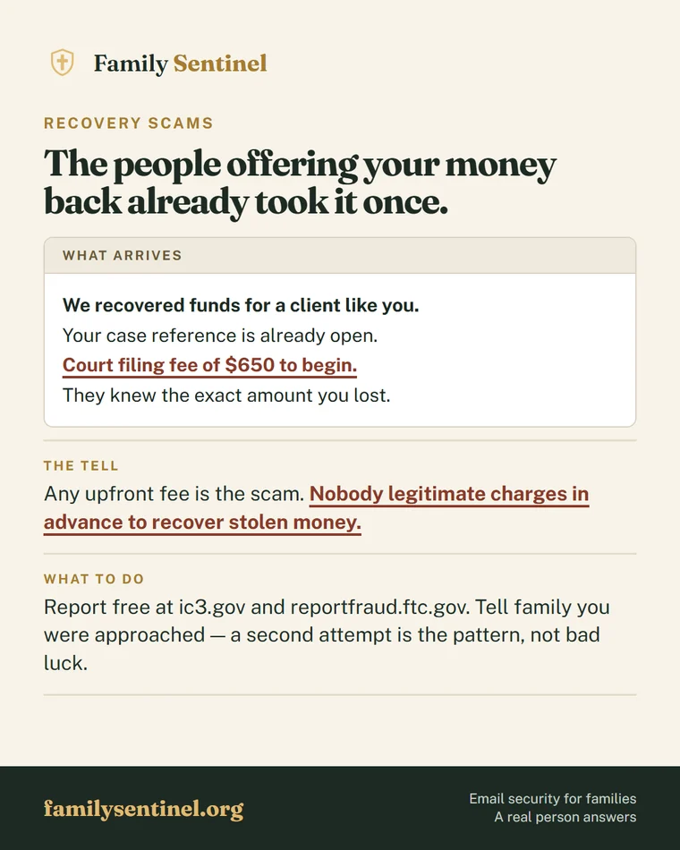 Pin explaining recovery scams that target people who have already lost money to fraud