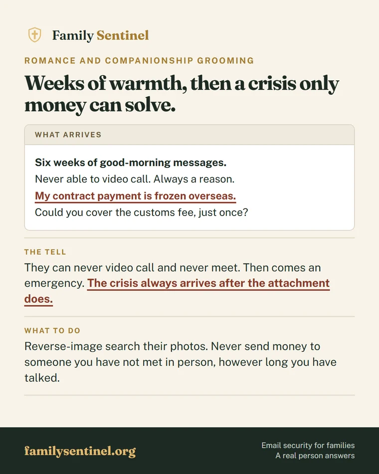 Pin explaining romance scam warning signs and the grooming arc that precedes the money request