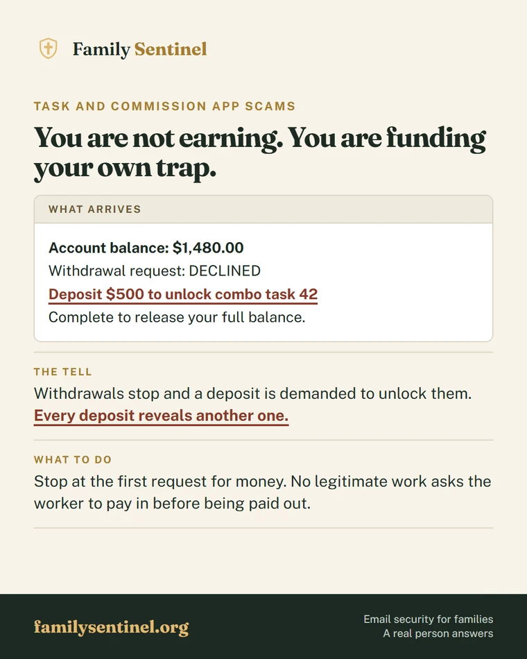 Pin showing a task app screen demanding a deposit before a balance can be withdrawn
