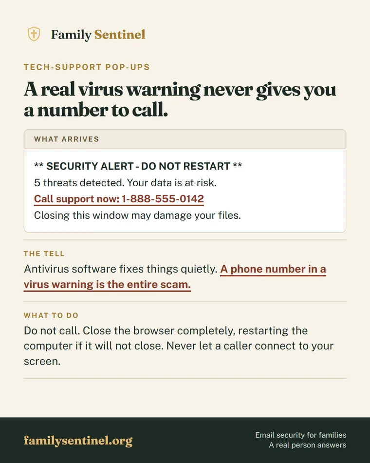 Pin showing a fake virus warning pop-up whose phone number gives the scam away