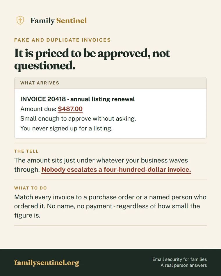 Pin showing a fake renewal invoice priced low enough to be approved without question