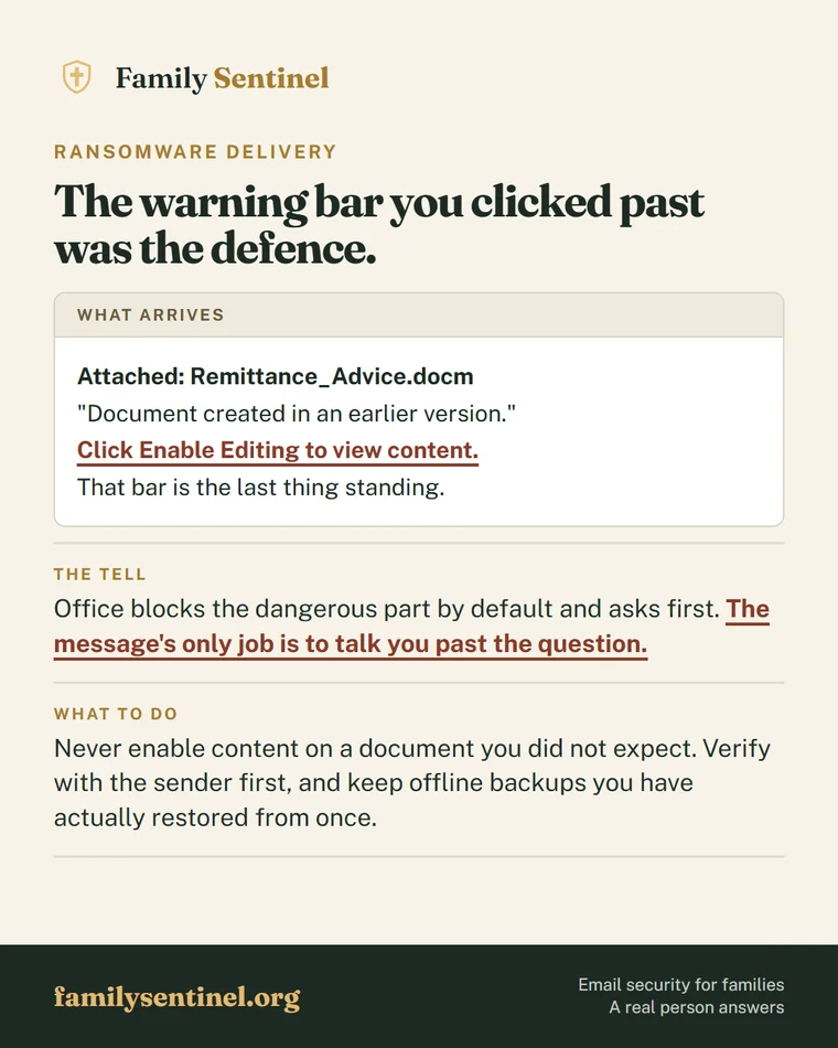 Pin showing a ransomware attachment asking the reader to enable editing to bypass protection