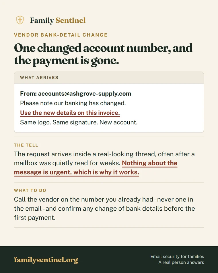 Pin showing a vendor email announcing changed bank details, the classic business email compromise